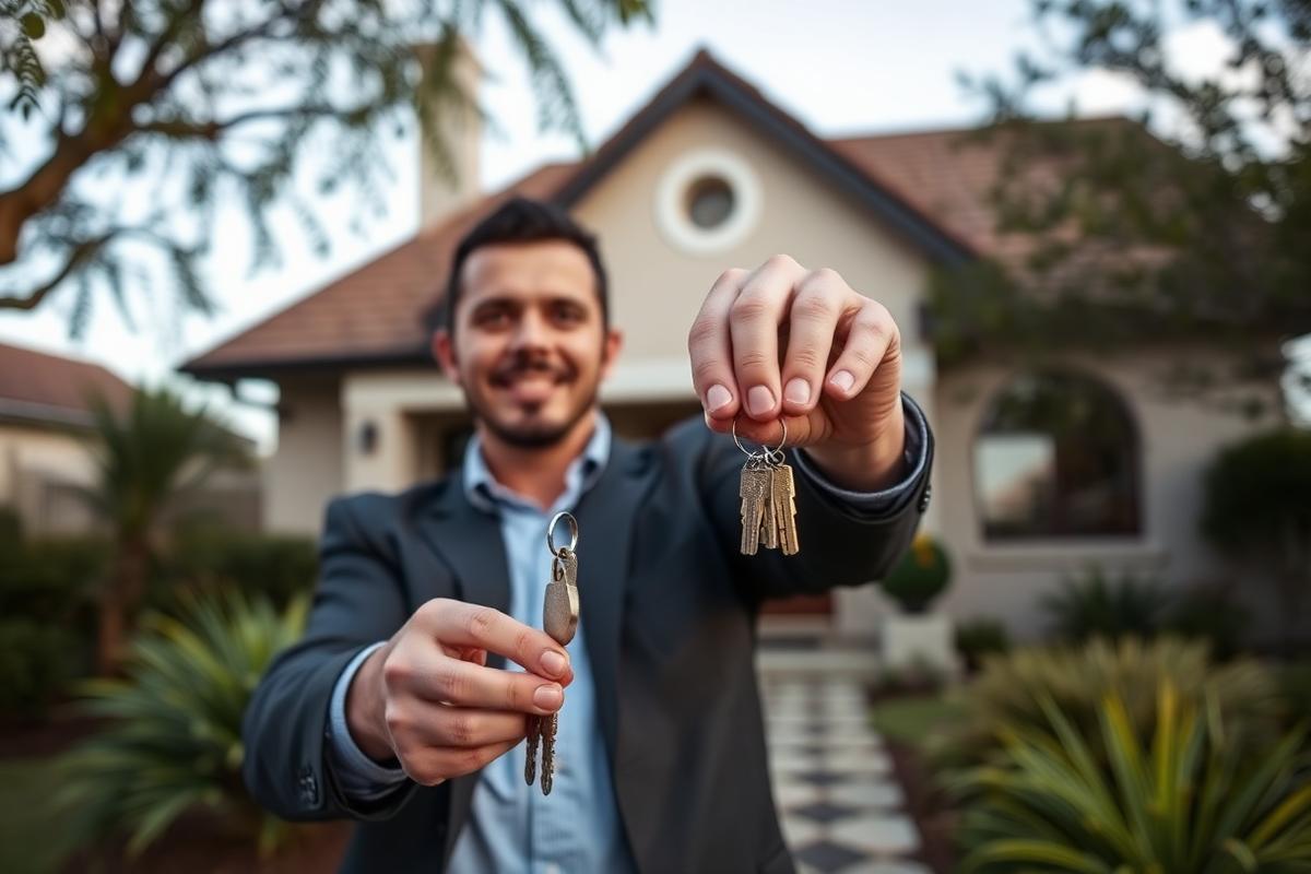 Estate agent handing over keys at a South African home